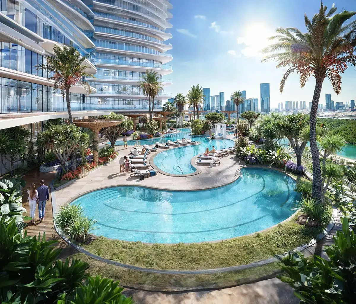 Elegant exterior of Rivage with a backdrop of the Arabian Gulf
