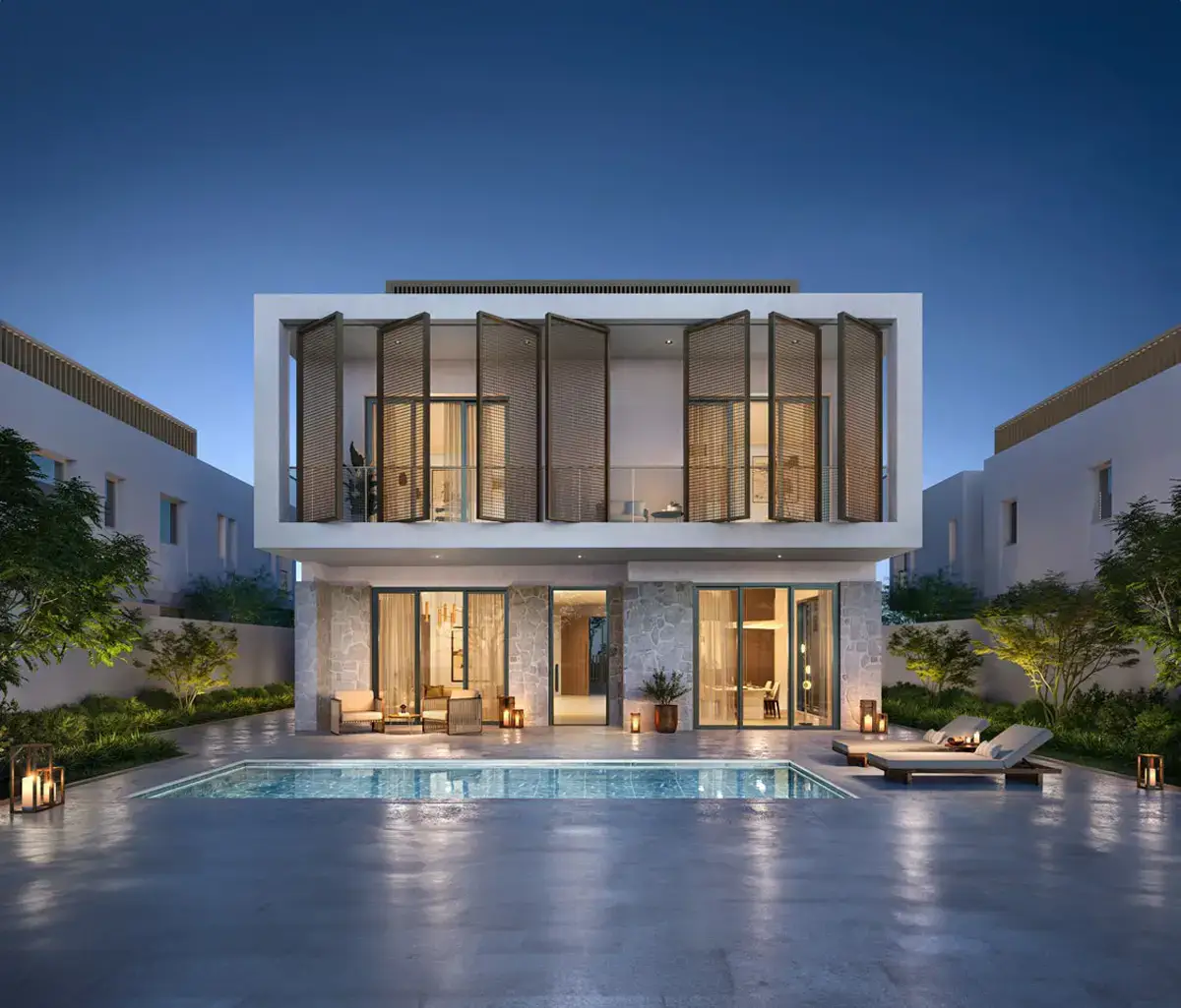 Wide roads and elegant façades in the Nawayef East villa community