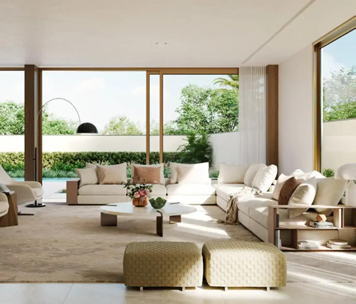 Master bedroom suite with full-height windows and private balcony access