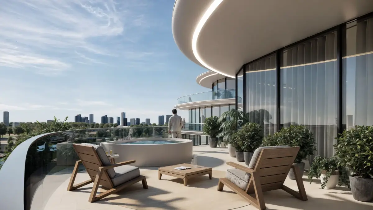 Aerial view of Henge Residences set against Abu Dhabi’s natural landscape