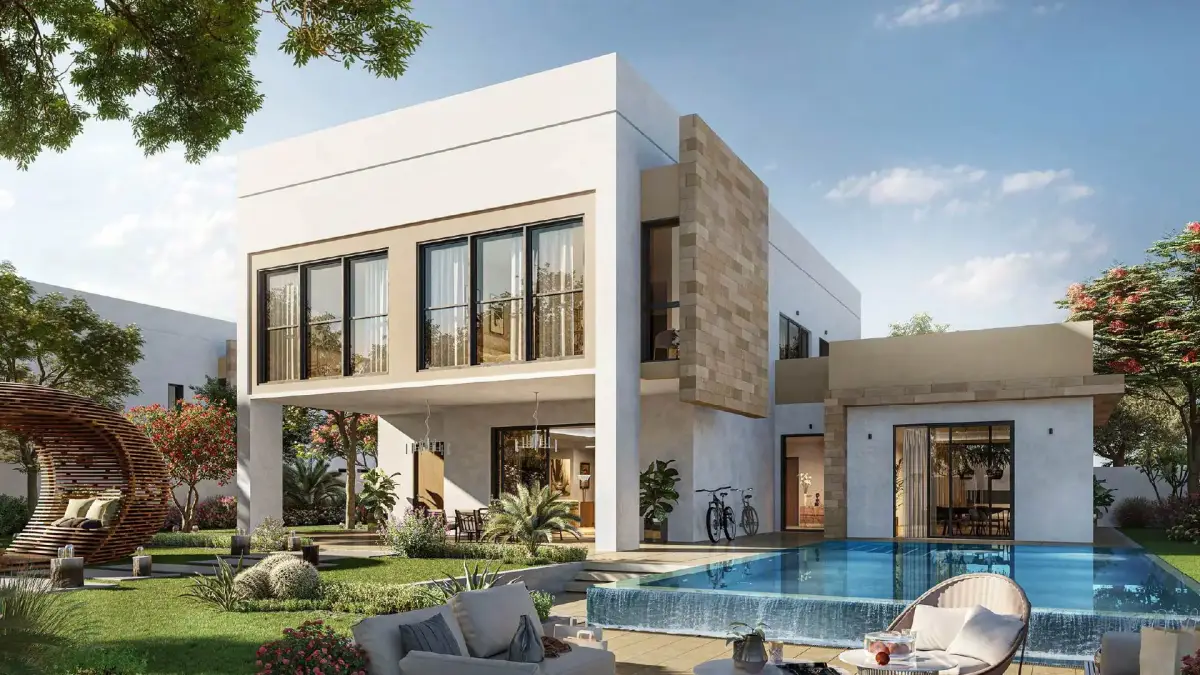 Modern exterior of The Dahlias villas with clean lines and soft color tones