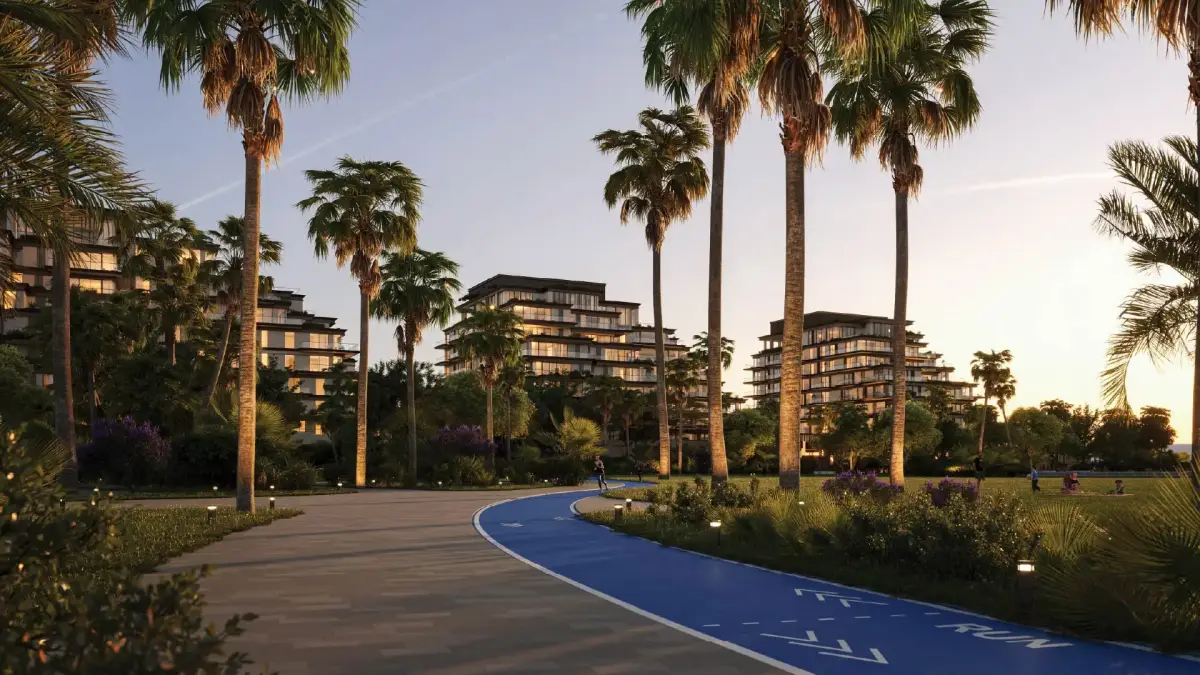 Green walkways and shaded seating areas around Sama Yas community