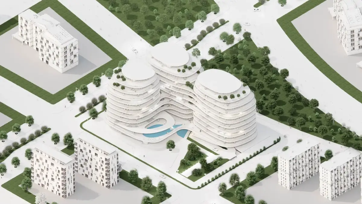 Wide-angle view of the residential complex showing design harmony and balance