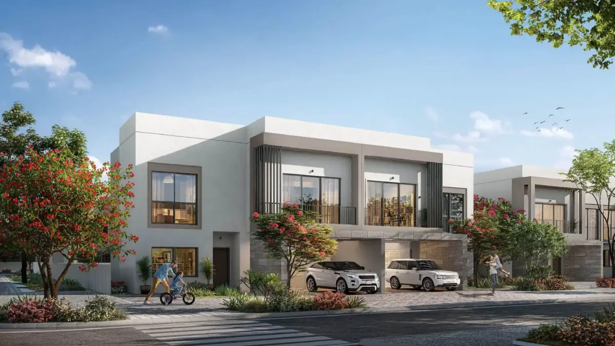 Sunset lighting on luxury villas at The Dahlias in Yas Acres, Abu Dhabi