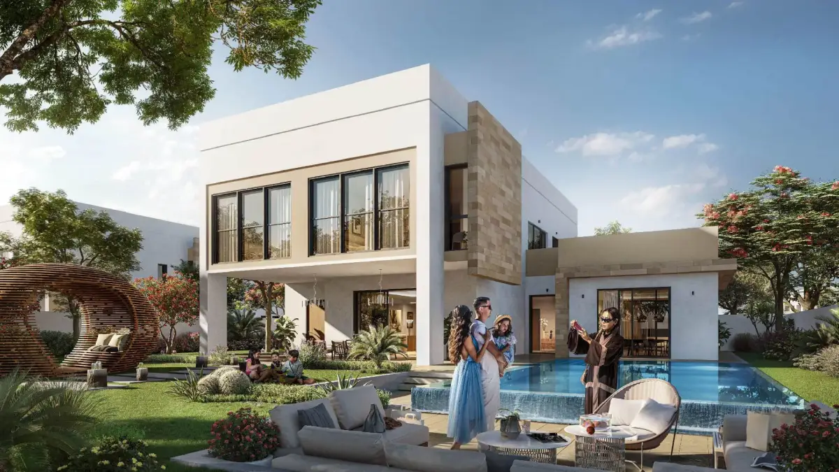 Outdoor terrace and private garden view of a villa at The Dahlias