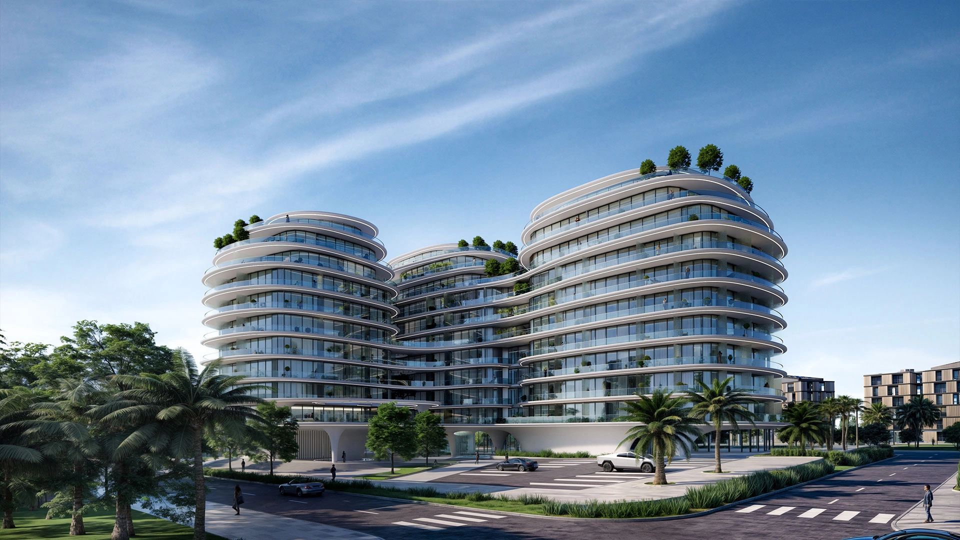 Ground-level perspective of Henge Residences with natural stone and timber details