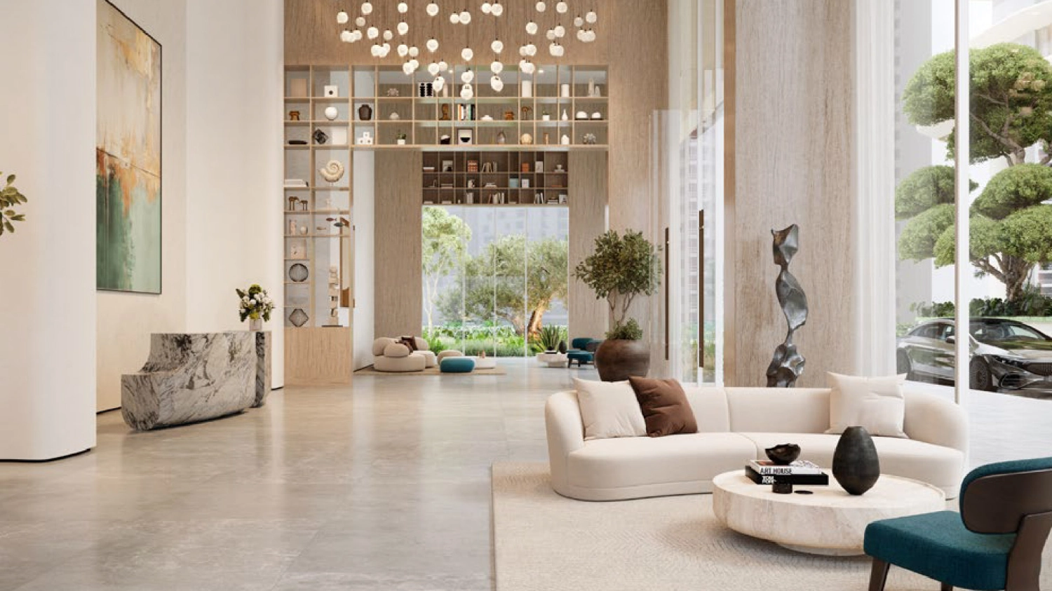 Open-plan living room with neutral tones and large glass windows in Muheira villa