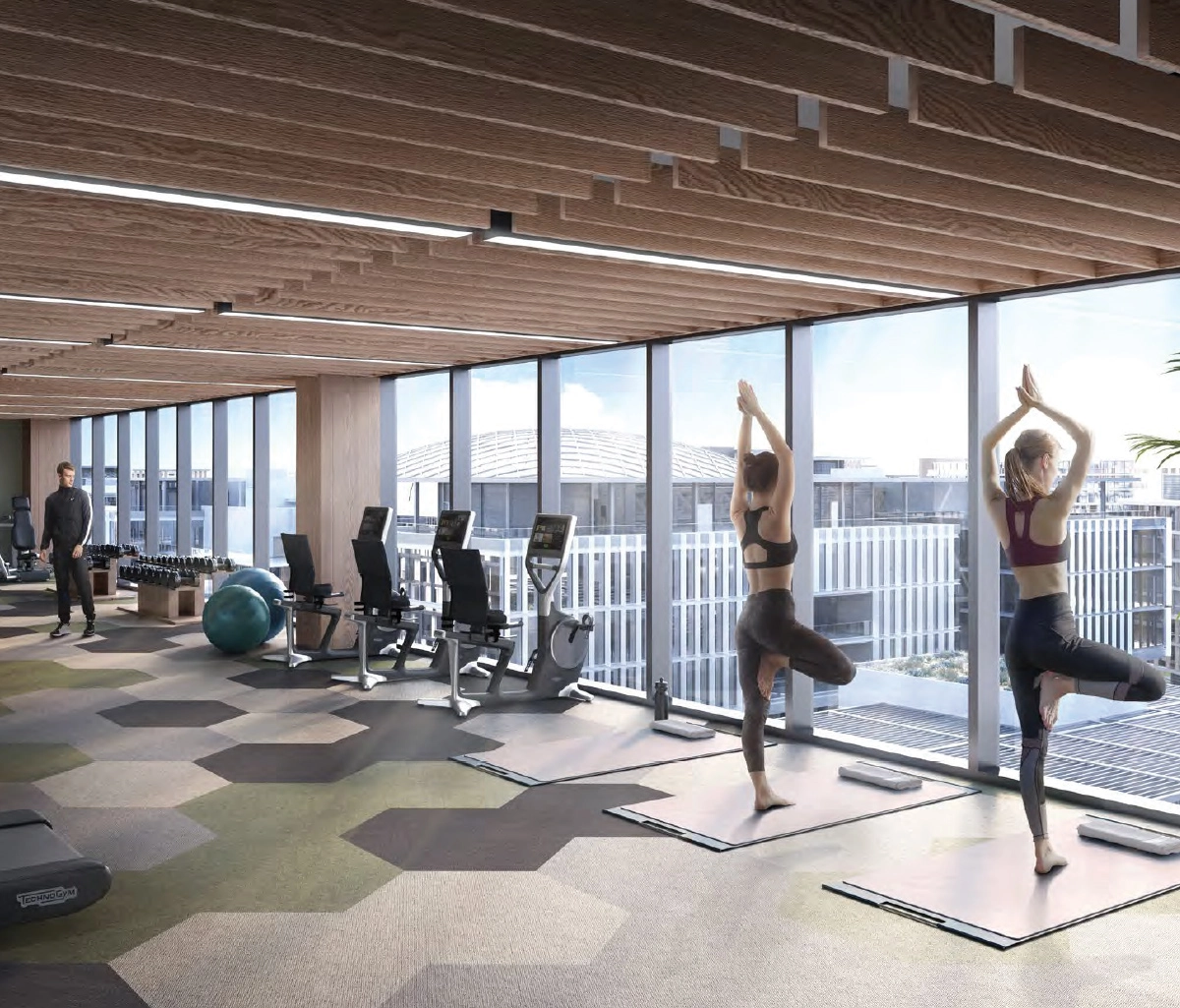 Dining area with floor-to-ceiling windows and cultural district views