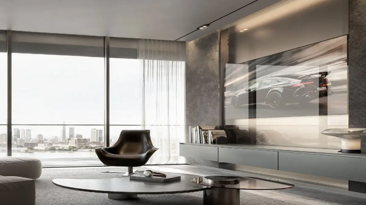 Ultra-modern living area with panoramic windows and designer finishes