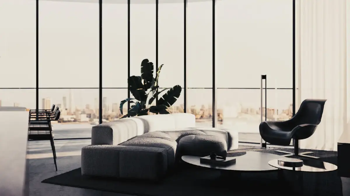 Lounge zone with minimalist furniture and expansive water views