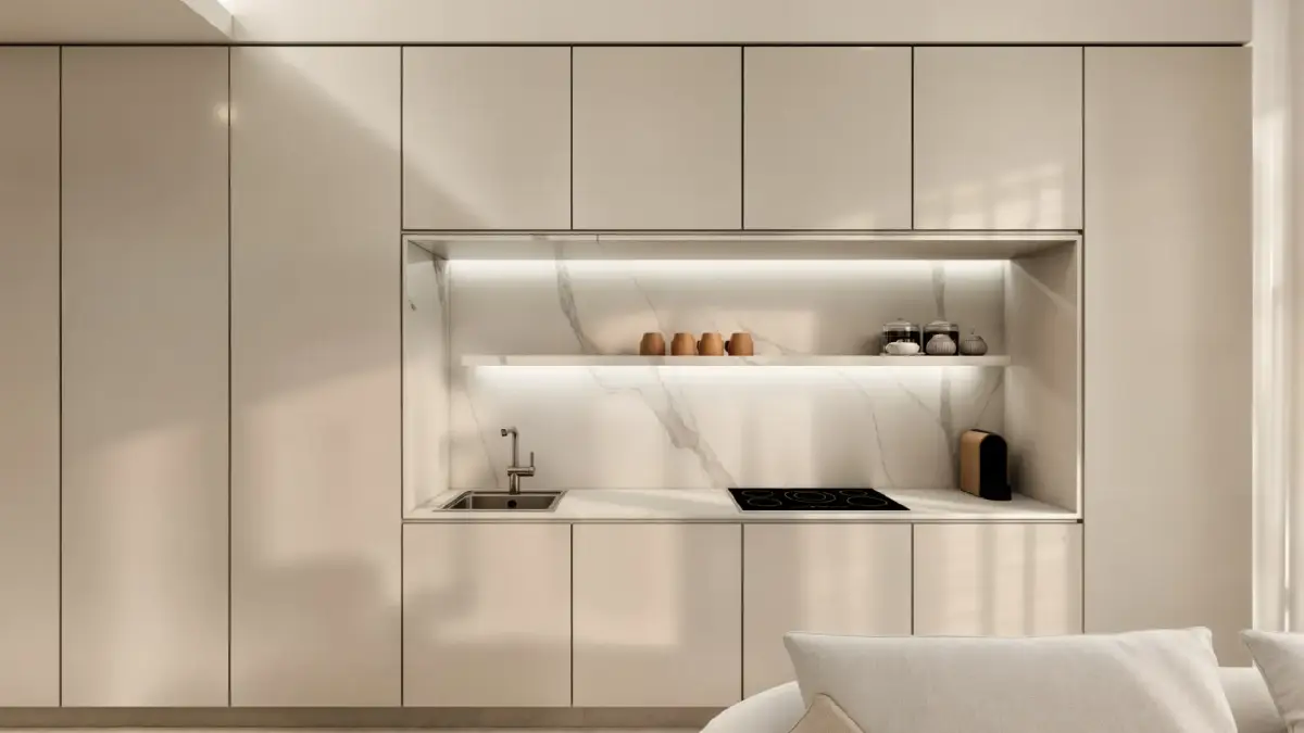 High-ceilinged interior with a focus on space and visual balance