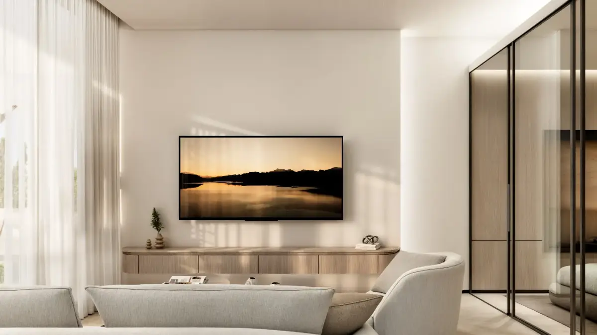 Bright interior with large-format windows and natural finishes