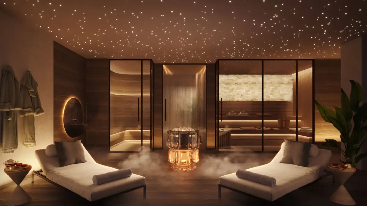 Modern living zone with high ceilings and full-height glass walls