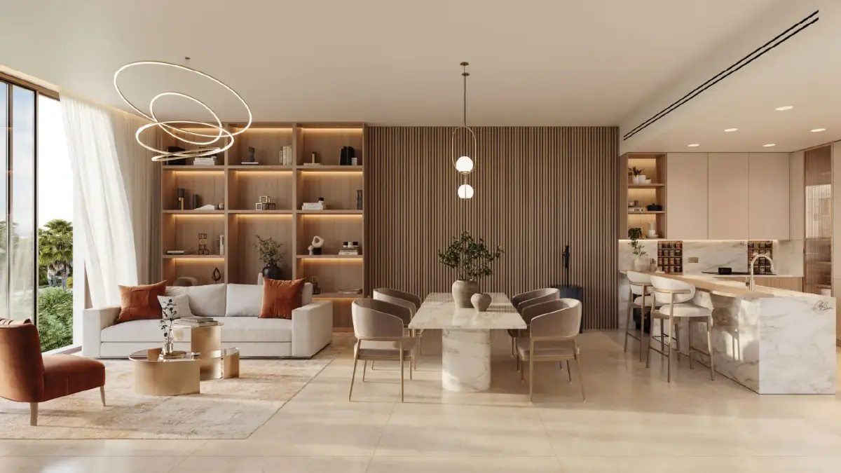 Open-concept space featuring wood accents and soft lighting